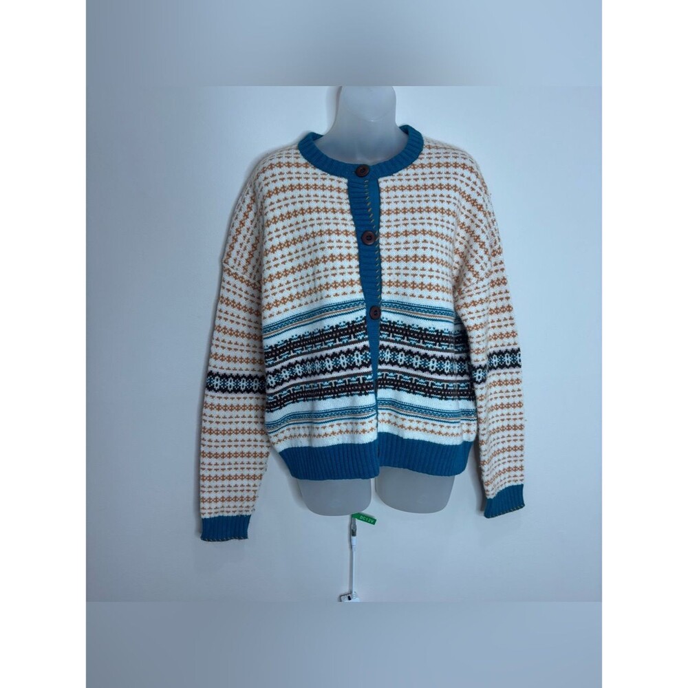 Sundance Catalog wool blend Ivory Fair isle Wallace Cardigan sweater blue medium